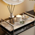 White resin tray. Agate stone. Polished finish. Steel handles. Gold accents. Handcrafted. Unique variations. Sophisticated. Durable. Functional. Stylish. Living room. Dining room. Kitchen. Centerpiece. Home decor. Luxurious. Contemporary. Timeless. Easy to clean. Art piece. Home decor. Accessories.