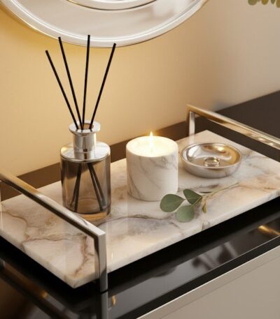 White resin tray. Agate stone. Polished finish. Steel handles. Gold accents. Handcrafted. Unique variations. Sophisticated. Durable. Functional. Stylish. Living room. Dining room. Kitchen. Centerpiece. Home decor. Luxurious. Contemporary. Timeless. Easy to clean. Art piece. Home decor. Accessories.