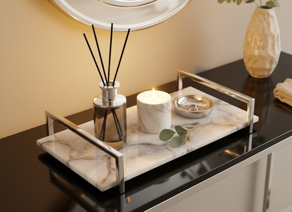 Serene White Agate Tray White resin tray. Agate stone. Polished finish. Steel handles. Gold accents. Handcrafted. Unique variations. Sophisticated. Durable. Functional. Stylish. Living room. Dining room. Kitchen. Centerpiece. Home decor. Luxurious. Contemporary. Timeless. Easy to clean. Art piece. Home decor. Accessories.