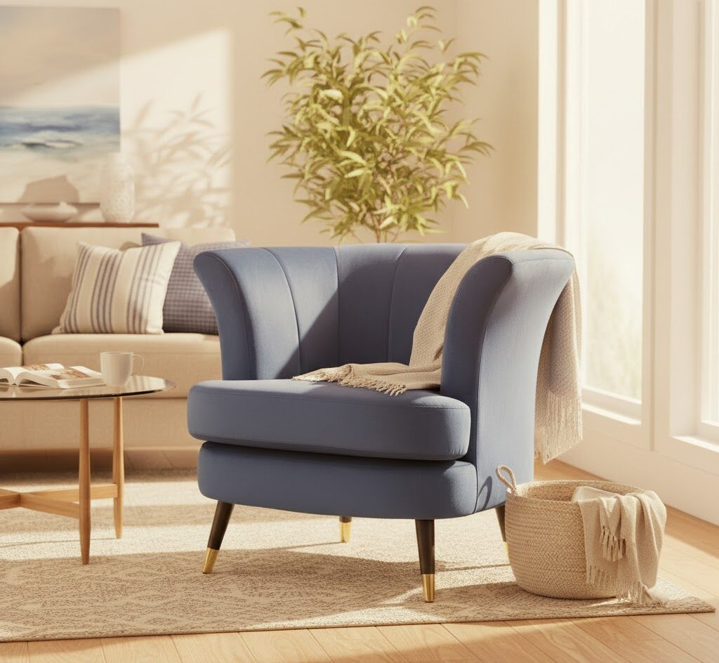 Emilia Velvet Scalloped Accent Chair Emilia velvet chair. Scalloped accent chair. Velvet upholstery. Luxe chair. Gold finish legs. Black wood legs. Blue velvet. Pink velvet. Grey velvet. Mink velvet. Plush cushioning. Boutique style. Contemporary chair. Stylish seating. Home furniture. Living room chair. Decorative chair. Elegant furniture. Modern accent chair. Trendy home decor. Comfortable seating. Luxury chair. Designer chair.