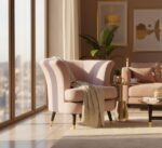 Emilia velvet chair. Scalloped accent chair. Velvet upholstery. Luxe chair. Gold finish legs. Black wood legs. Blue velvet. Pink velvet. Grey velvet. Mink velvet. Plush cushioning. Boutique style. Contemporary chair. Stylish seating. Home furniture. Living room chair. Decorative chair. Elegant furniture. Modern accent chair. Trendy home decor. Comfortable seating. Luxury chair. Designer chair.