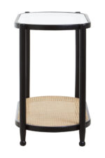 Elm wood. Console table. Modern minimalism. Black finish. Clean lines. Rounded corners. Clear glass top. Lower shelf. Natural cane. Open weave. Sustainable frame. Natural rattan. Organic simplicity. Mid-century modern. Stylish. Functional. Living room. Hallway. Entryway. Durable. Elegant design. Furniture. Home. Display.