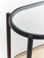 Elm wood. Console table. Modern minimalism. Black finish. Clean lines. Rounded corners. Clear glass top. Lower shelf. Natural cane. Open weave. Sustainable frame. Natural rattan. Organic simplicity. Mid-century modern. Stylish. Functional. Living room. Hallway. Entryway. Durable. Elegant design. Furniture. Home. Display.