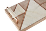 White and Copper Tray. Sustainable mango wood. White marble top. Geometric design. Genuine cowhide. Copper finish. Durable. Stylish. Functional. Living room. Dining room. Kitchen. Centerpiece. Home decor. Contemporary. Modern. Rustic. Luxurious. Handcrafted. Unique variations. Elegant design. Tactile finish. Robust construction. Accessories.