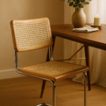 Sustainable elm wood frame. Stainless steel cantilevered frame. Natural rattan weave. Organic simplicity. Mid-century modern. Sleek design. Contemporary elegance. Durable. Comfortable. Stylish. Functional. Dining room. Modern. Rustic charm. Versatile. Long-lasting. Timeless aesthetic. Eco-friendly. Sturdy. High-quality. Furniture. Home. Kitchen. Dining. Chair.