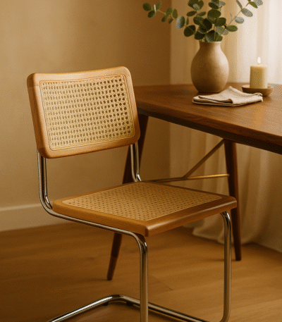 Sustainable elm wood frame. Stainless steel cantilevered frame. Natural rattan weave. Organic simplicity. Mid-century modern. Sleek design. Contemporary elegance. Durable. Comfortable. Stylish. Functional. Dining room. Modern. Rustic charm. Versatile. Long-lasting. Timeless aesthetic. Eco-friendly. Sturdy. High-quality. Furniture. Home. Kitchen. Dining. Chair.