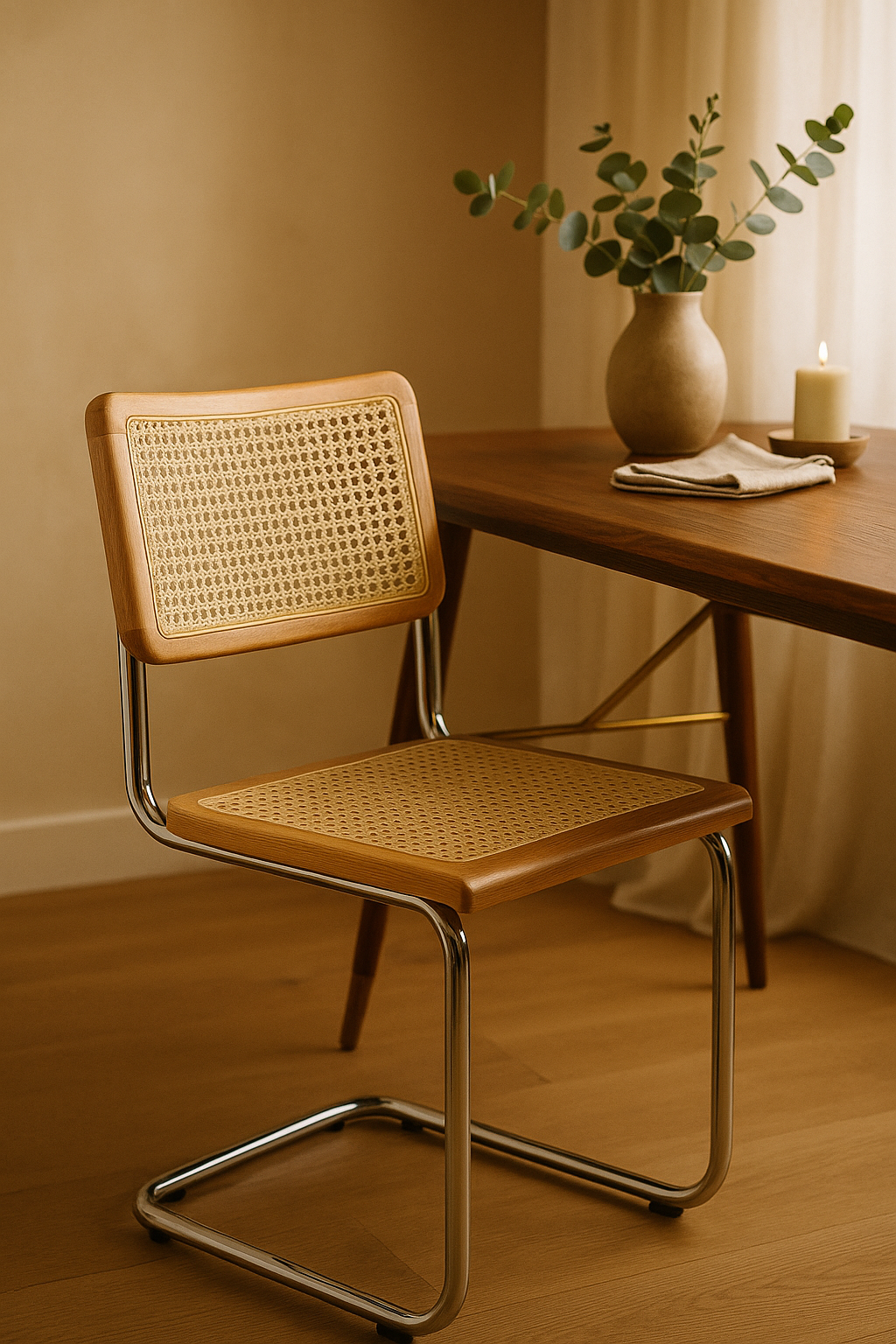 Manila Dining Chair Sustainable elm wood frame. Stainless steel cantilevered frame. Natural rattan weave. Organic simplicity. Mid-century modern. Sleek design. Contemporary elegance. Durable. Comfortable. Stylish. Functional. Dining room. Modern. Rustic charm. Versatile. Long-lasting. Timeless aesthetic. Eco-friendly. Sturdy. High-quality. Furniture. Home. Kitchen. Dining. Chair.