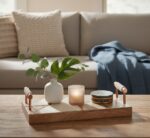 White and Copper Tray. Sustainable mango wood. White marble top. Geometric design. Genuine cowhide. Copper finish. Durable. Stylish. Functional. Living room. Dining room. Kitchen. Centerpiece. Home decor. Contemporary. Modern. Rustic. Luxurious. Handcrafted. Unique variations. Elegant design. Tactile finish. Robust construction. Accessories.