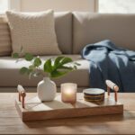 White and Copper Tray. Sustainable mango wood. White marble top. Geometric design. Genuine cowhide. Copper finish. Durable. Stylish. Functional. Living room. Dining room. Kitchen. Centerpiece. Home decor. Contemporary. Modern. Rustic. Luxurious. Handcrafted. Unique variations. Elegant design. Tactile finish. Robust construction. Accessories.