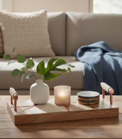 White and Copper Tray. Sustainable mango wood. White marble top. Geometric design. Genuine cowhide. Copper finish. Durable. Stylish. Functional. Living room. Dining room. Kitchen. Centerpiece. Home decor. Contemporary. Modern. Rustic. Luxurious. Handcrafted. Unique variations. Elegant design. Tactile finish. Robust construction. Accessories.