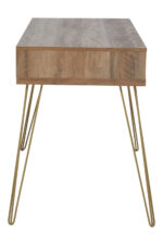 Talia desk. Mid-century modern desk. Wood veneer desk. Writing desk. Home office furniture. Stylish desk. Modern desk. Three drawer desk. Hairpin leg desk. Wooden desk. Contemporary furniture. Retro desk. Brown desk. Compact home desk. Warm metallic legs. Desk with storage. Vintage style desk. Small office desk. Wooden home office furniture. Metal leg desk. Storage solution. Classic desk design. Home study furniture. Workspace furniture. Rustic finish desk.