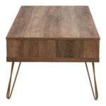 Talia Coffee Table. Mid-century modern coffee table. Rustic coffee table. Wood veneer. Hairpin legs. Two drawer coffee table. Ample storage. Living room furniture. Boutique coffee table. Modern wood table. Retro style. Stylish coffee table. Compact storage. Brown coffee table. Natural wood tones. Home furniture. Functional coffee table. Storage solution. Minimalist coffee table. Wooden table with drawers. Contemporary living room. Vintage inspired furniture.