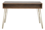 Talia desk. Mid-century modern desk. Wood veneer desk. Writing desk. Home office furniture. Stylish desk. Modern desk. Three drawer desk. Hairpin leg desk. Wooden desk. Contemporary furniture. Retro desk. Brown desk. Compact home desk. Warm metallic legs. Desk with storage. Vintage style desk. Small office desk. Wooden home office furniture. Metal leg desk. Storage solution. Classic desk design. Home study furniture. Workspace furniture. Rustic finish desk.