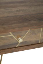 Talia desk. Mid-century modern desk. Wood veneer desk. Writing desk. Home office furniture. Stylish desk. Modern desk. Three drawer desk. Hairpin leg desk. Wooden desk. Contemporary furniture. Retro desk. Brown desk. Compact home desk. Warm metallic legs. Desk with storage. Vintage style desk. Small office desk. Wooden home office furniture. Metal leg desk. Storage solution. Classic desk design. Home study furniture. Workspace furniture. Rustic finish desk.