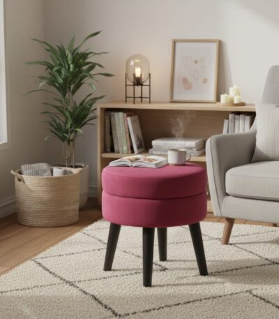 Lila footstool. Velvet footstool. Upholstered footstool. Luxury footstool. Modern footstool. Plush footrest. Boutique furniture. Blue footstool. Grey footstool. Mink footstool. Burgundy footstool. Wine red footstool. Velvet furniture. Contemporary footstool. Small ottoman. Velvet ottoman. Stylish footstool. Soft seating. Home accessories. Bedroom furniture. Living room furniture. Accent furniture. Modern interior. Black wooden legs. Cushioned stool. Velvet accent piece. Compact seating solution.