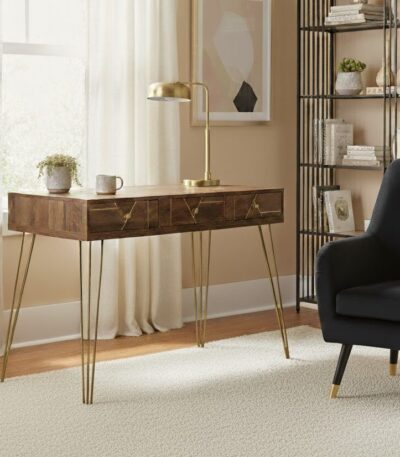 Talia desk. Mid-century modern desk. Wood veneer desk. Writing desk. Home office furniture. Stylish desk. Modern desk. Three drawer desk. Hairpin leg desk. Wooden desk. Contemporary furniture. Retro desk. Brown desk. Compact home desk. Warm metallic legs. Desk with storage. Vintage style desk. Small office desk. Wooden home office furniture. Metal leg desk. Storage solution. Classic desk design. Home study furniture. Workspace furniture. Rustic finish desk.