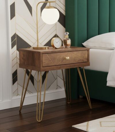 Talia bedside table. Wood veneer table. Mid-century bedside table. Modern bedside table. Hairpin legs. One drawer table. Bedroom furniture. Stylish storage. Neo-classical table. Compact side table. Wooden bedside unit. Warm wood finish. Metallic legs. Retro furniture. Small nightstand. Contemporary bedroom. Furniture with storage. Bedside drawer. Brown wood table. Accent table. Sleek design furniture. Designer bedside. Bedroom essentials. Space-saving furniture.