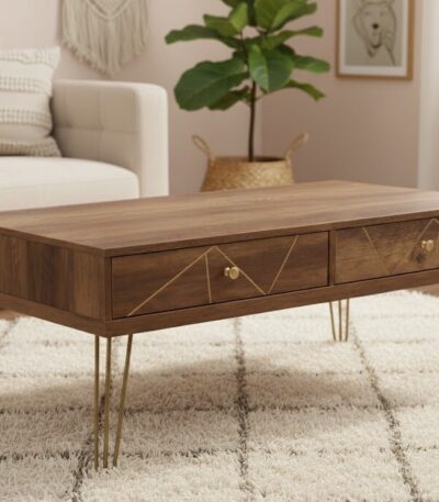 Talia Coffee Table. Mid-century modern coffee table. Rustic coffee table. Wood veneer. Hairpin legs. Two drawer coffee table. Ample storage. Living room furniture. Boutique coffee table. Modern wood table. Retro style. Stylish coffee table. Compact storage. Brown coffee table. Natural wood tones. Home furniture. Functional coffee table. Storage solution. Minimalist coffee table. Wooden table with drawers. Contemporary living room. Vintage inspired furniture.