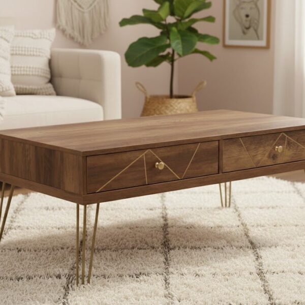 Talia Coffee Table. Mid-century modern coffee table. Rustic coffee table. Wood veneer. Hairpin legs. Two drawer coffee table. Ample storage. Living room furniture. Boutique coffee table. Modern wood table. Retro style. Stylish coffee table. Compact storage. Brown coffee table. Natural wood tones. Home furniture. Functional coffee table. Storage solution. Minimalist coffee table. Wooden table with drawers. Contemporary living room. Vintage inspired furniture.