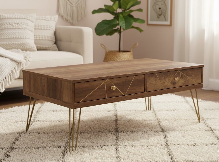 Talia Coffee Table Talia Coffee Table. Mid-century modern coffee table. Rustic coffee table. Wood veneer. Hairpin legs. Two drawer coffee table. Ample storage. Living room furniture. Boutique coffee table. Modern wood table. Retro style. Stylish coffee table. Compact storage. Brown coffee table. Natural wood tones. Home furniture. Functional coffee table. Storage solution. Minimalist coffee table. Wooden table with drawers. Contemporary living room. Vintage inspired furniture.
