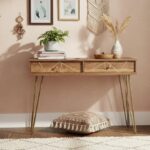 Talia Console Table. Wood Veneer Console Table. Mid-Century Modern Console Table. Hairpin Leg Table. Entryway Console Table. Living Room Furniture. Hallway Table. Wooden Console Table. Two Drawer Console. Rustic Console Table. Warm Wood Furniture. Metal Leg Console Table. Retro Console Table. Narrow Console Table. Storage Console Table. Modern Console Table. Home Furniture. Furniture with Storage. Console with Drawers. Accent Table. Wood Veneer. Warm Metallic Finish. Metal Legs. Brown Wood. Natural Wood Effect.