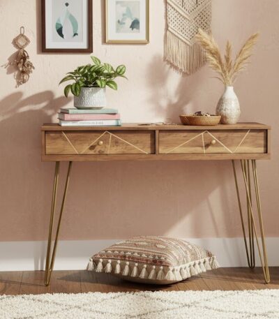 Talia Console Table. Wood Veneer Console Table. Mid-Century Modern Console Table. Hairpin Leg Table. Entryway Console Table. Living Room Furniture. Hallway Table. Wooden Console Table. Two Drawer Console. Rustic Console Table. Warm Wood Furniture. Metal Leg Console Table. Retro Console Table. Narrow Console Table. Storage Console Table. Modern Console Table. Home Furniture. Furniture with Storage. Console with Drawers. Accent Table. Wood Veneer. Warm Metallic Finish. Metal Legs. Brown Wood. Natural Wood Effect.