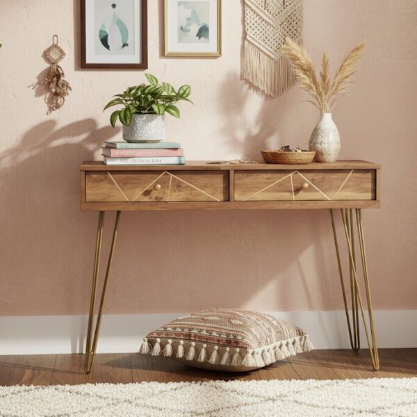 Talia Console Table. Wood Veneer Console Table. Mid-Century Modern Console Table. Hairpin Leg Table. Entryway Console Table. Living Room Furniture. Hallway Table. Wooden Console Table. Two Drawer Console. Rustic Console Table. Warm Wood Furniture. Metal Leg Console Table. Retro Console Table. Narrow Console Table. Storage Console Table. Modern Console Table. Home Furniture. Furniture with Storage. Console with Drawers. Accent Table. Wood Veneer. Warm Metallic Finish. Metal Legs. Brown Wood. Natural Wood Effect.