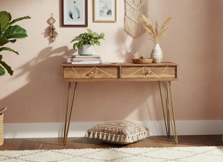 Talia Console Table Talia Console Table. Wood Veneer Console Table. Mid-Century Modern Console Table. Hairpin Leg Table. Entryway Console Table. Living Room Furniture. Hallway Table. Wooden Console Table. Two Drawer Console. Rustic Console Table. Warm Wood Furniture. Metal Leg Console Table. Retro Console Table. Narrow Console Table. Storage Console Table. Modern Console Table. Home Furniture. Furniture with Storage. Console with Drawers. Accent Table. Wood Veneer. Warm Metallic Finish. Metal Legs. Brown Wood. Natural Wood Effect.