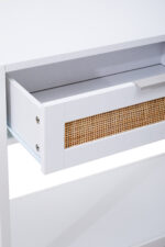 Brio. Console Table. White. Wood. Natural Rattan. Rattan Panels. Undershelf. Storage. Living Room Furniture. Home Decor. Earthy Aesthetic. Minimalist Design. Scandinavian Style. Light Furniture. Functional Furniture. Stylish Console. Natural Materials. Contemporary Home. Neutral Colors. Modern Furniture.