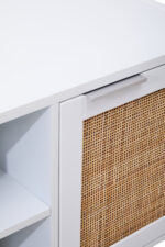 Brio Media Unit. White wood furniture. Natural rattan panels. Open shelves. Closed shelves. Storage solution. Living room furniture. Modern design. Minimalist style. Home organisation. Neutral colours. Eco-friendly materials. Durable build. Contemporary furniture. Stylish storage. Practical media console.