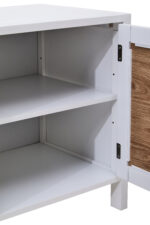 Brio Media Unit. White wood furniture. Natural rattan panels. Open shelves. Closed shelves. Storage solution. Living room furniture. Modern design. Minimalist style. Home organisation. Neutral colours. Eco-friendly materials. Durable build. Contemporary furniture. Stylish storage. Practical media console.