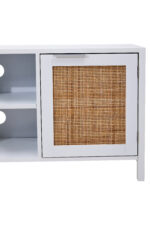 Brio Media Unit. White wood furniture. Natural rattan panels. Open shelves. Closed shelves. Storage solution. Living room furniture. Modern design. Minimalist style. Home organisation. Neutral colours. Eco-friendly materials. Durable build. Contemporary furniture. Stylish storage. Practical media console.