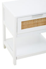 White. Wood. Natural rattan panels. Undershelf. Bedside table. Bedroom furniture. Storage solution. Minimalist design. Organic texture. Scandinavian style. Home decor. Natural living. Compact furniture. Contemporary. Durable. Modern. Eco-friendly materials. Lightweight. Versatile. Stylish. Functional. Space-saving. Handcrafted. Neutral tones. Cosy. Elegant. Timeless design.