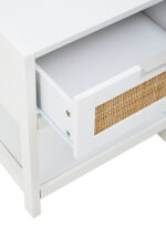 White. Wood. Natural rattan panels. Undershelf. Bedside table. Bedroom furniture. Storage solution. Minimalist design. Organic texture. Scandinavian style. Home decor. Natural living. Compact furniture. Contemporary. Durable. Modern. Eco-friendly materials. Lightweight. Versatile. Stylish. Functional. Space-saving. Handcrafted. Neutral tones. Cosy. Elegant. Timeless design.