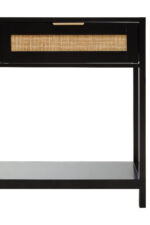 Nero Console Table. Black console table. Wood console table. Natural rattan panels. Console table with drawers. Undershelf storage. Modern console table. Minimalist furniture. Living room furniture. Home decor. Black furniture. Natural textures. Practical storage solution. Earthy design. Stylish console table. Durable furniture. Wood and rattan furniture. Contemporary console table. Black and natural finish. Small space furniture. Versatile console table.