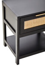 black bedside table. wood bedside table. natural rattan drawer. rattan bedside table. modern nightstand. black and rattan furniture. bedroom storage. small side table. black furniture. minimalist nightstand. wooden nightstand. eco-friendly furniture. boho furniture. compact storage. bedside drawer unit. home furniture. bedroom decor. stylish bedside table. modern bedroom furniture. sustainable design. rattan panel. contemporary furniture. earthy decor. nightstand with shelf.