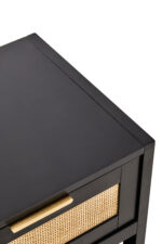 black bedside table. wood bedside table. natural rattan drawer. rattan bedside table. modern nightstand. black and rattan furniture. bedroom storage. small side table. black furniture. minimalist nightstand. wooden nightstand. eco-friendly furniture. boho furniture. compact storage. bedside drawer unit. home furniture. bedroom decor. stylish bedside table. modern bedroom furniture. sustainable design. rattan panel. contemporary furniture. earthy decor. nightstand with shelf.