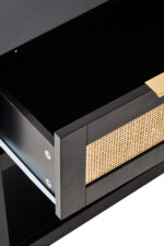 black bedside table. wood bedside table. natural rattan drawer. rattan bedside table. modern nightstand. black and rattan furniture. bedroom storage. small side table. black furniture. minimalist nightstand. wooden nightstand. eco-friendly furniture. boho furniture. compact storage. bedside drawer unit. home furniture. bedroom decor. stylish bedside table. modern bedroom furniture. sustainable design. rattan panel. contemporary furniture. earthy decor. nightstand with shelf.