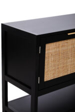 Nero Side Cabinet. Black furniture. Wood cabinet. Natural rattan panels. Storage solution. Two closed shelves. Undershelf. Modern home furniture. Warm aesthetic. Earthy tones. Contemporary design. Living room storage. Bedroom furniture. Stylish cabinet. Practical storage. Minimalist cabinet. Durable wood. Eco-friendly materials. Home organisation.