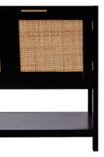 Nero Side Cabinet. Black furniture. Wood cabinet. Natural rattan panels. Storage solution. Two closed shelves. Undershelf. Modern home furniture. Warm aesthetic. Earthy tones. Contemporary design. Living room storage. Bedroom furniture. Stylish cabinet. Practical storage. Minimalist cabinet. Durable wood. Eco-friendly materials. Home organisation.