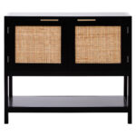 Nero Side Cabinet. Black furniture. Wood cabinet. Natural rattan panels. Storage solution. Two closed shelves. Undershelf. Modern home furniture. Warm aesthetic. Earthy tones. Contemporary design. Living room storage. Bedroom furniture. Stylish cabinet. Practical storage. Minimalist cabinet. Durable wood. Eco-friendly materials. Home organisation.