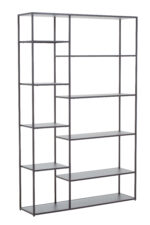 Axel shelf unit. Multi-level shelving. Metal shelf unit. Grey powder coated metal. Industrial shelf unit. Open shelving. Home storage furniture. Modern shelving unit. Minimalist shelf design. Large storage unit. Organiser shelf. Living room shelf. Office storage shelf. Display shelves. Industrial home decor. Contemporary storage solution. Grey metal furniture. Modern open shelf unit. Multi-purpose shelf unit. Sleek metal shelving.