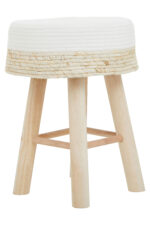 Lior Woven Stool. Natural woven seat. Two-tone design. White accents. Angular wooden legs. Durable seating. Stylish stool. Natural materials. Handcrafted. Eco-friendly. Contemporary design. Minimalist style. Natural living. Home furniture. Accent stool. Lightweight. Versatile seating. Textured pattern. Organic texture. Rustic charm. Scandinavian style. Modern home.