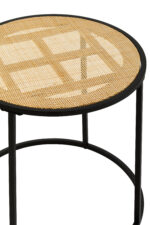 Dakota side table. Round side table. Natural rattan. Hand-woven rattan. Organic texture. Black metal legs. Sleek design. Minimalist furniture. Natural living. Home decor. Living room furniture. Modern side table. Contemporary furniture. Black finish. Rattan furniture. Lightweight table.