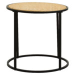 Dakota side table. Round side table. Natural rattan. Hand-woven rattan. Organic texture. Black metal legs. Sleek design. Minimalist furniture. Natural living. Home decor. Living room furniture. Modern side table. Contemporary furniture. Black finish. Rattan furniture. Lightweight table.