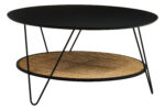 Dakota Coffee Table. Black metal table. Natural rattan shelf. Hairpin legs. Round coffee table. Storage shelf. Organic texture. Modern furniture. Natural living. Minimalist design. Home furniture. Living room table. Durable coffee table. Contemporary style. Black furniture. Rattan furniture. Sleek design.
