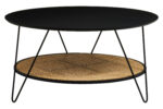 Dakota Coffee Table. Black metal table. Natural rattan shelf. Hairpin legs. Round coffee table. Storage shelf. Organic texture. Modern furniture. Natural living. Minimalist design. Home furniture. Living room table. Durable coffee table. Contemporary style. Black furniture. Rattan furniture. Sleek design.