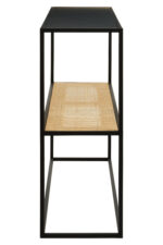 Dakota console table. Black metal console. Natural rattan shelf. Minimalist furniture. Modern console table. Storage furniture. Natural living. Home decor. Sleek design. Contemporary console. Black and rattan. Living room furniture. Entryway table. Small console table. Durable metal frame.