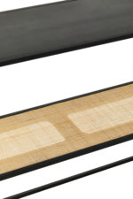 Dakota console table. Black metal console. Natural rattan shelf. Minimalist furniture. Modern console table. Storage furniture. Natural living. Home decor. Sleek design. Contemporary console. Black and rattan. Living room furniture. Entryway table. Small console table. Durable metal frame.