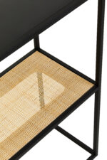 Dakota console table. Black metal console. Natural rattan shelf. Minimalist furniture. Modern console table. Storage furniture. Natural living. Home decor. Sleek design. Contemporary console. Black and rattan. Living room furniture. Entryway table. Small console table. Durable metal frame.